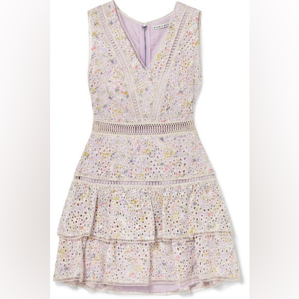 ALICE + OLIVIA Tonie Floral Lace Eyelet Tiered Ruffle Mini Sleeveless Dress - Picture 5 of 12